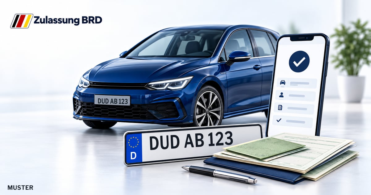 Online Fahrzeugzulassung in Osterode am Harz: Musterkennzeichen DUD AB 123, Auto und Fahrzeugpapiere und Smartphone. Illustration mit Logo von Zulassung BRD.